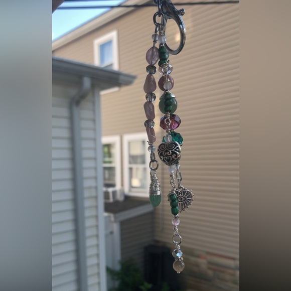 Floral Rose Quartz Aventurine Gemstone Purse Charm Keychain / Car Mirror Charm - Picture 7 of 15